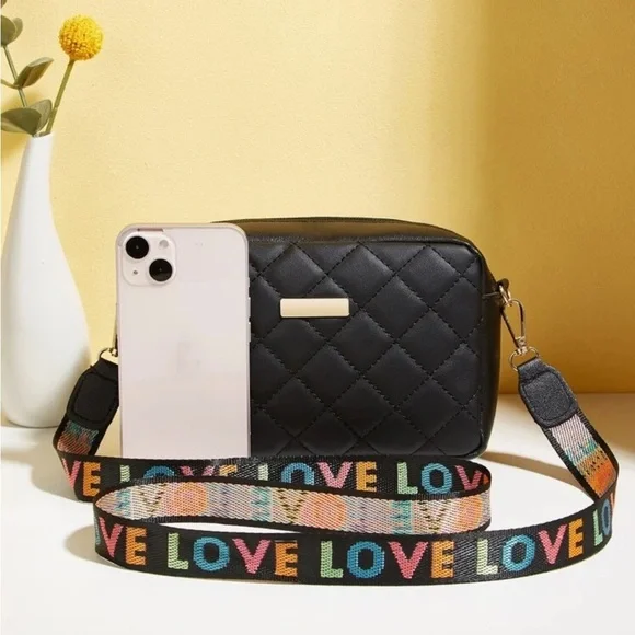 NWOT BLACK  Quilted w/ Multicolor LOVE Strap Purse Small/Med Bag - Picture 3 of 7